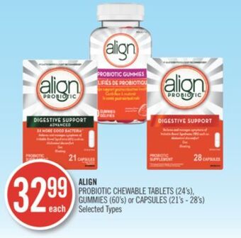 Shoppers Drug Mart Align probiotic chewable tablets (24's), gummies (60's) or capsules (21's-28's) offer