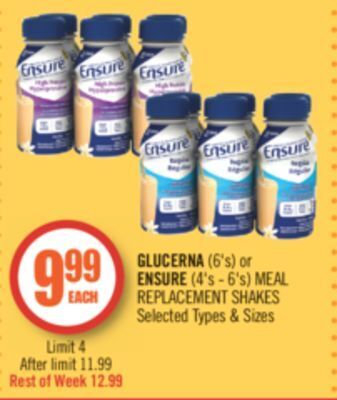 Shoppers Drug Mart Glucerna (6's) or ensure (4's-6's) meal replacement shakes offer