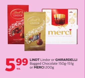 Rexall Lindt lindor or ghirardelli bagged chocolate 150g-151g or merci 200g offer