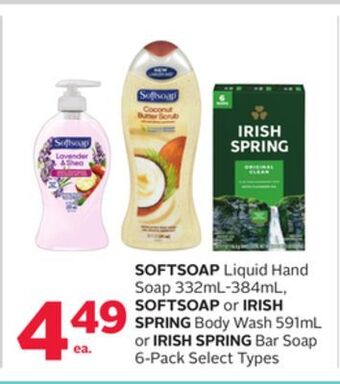 Rexall Softsoap liquid hand soap 332ml-384ml, softsoap or irish spring body wash 591ml or irish spring bar soap 6-pack offer