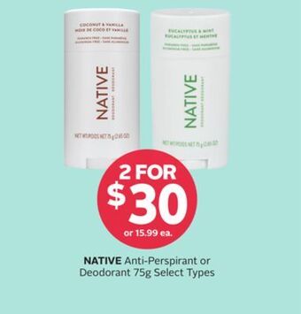 Rexall Native anti-perspirant or deodorant 75g offer