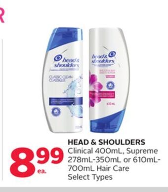 Rexall Head & shoulders clinical 400ml, supreme 278ml-350ml or 610ml-700ml hair care offer