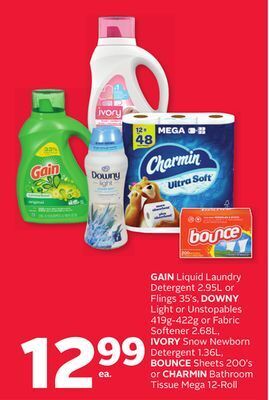 Rexall Gain liquid laundry detergent 2.95l or flings 35' s, downy light or unstopables 419g-422g or fabric softener 2.68l, ivory sno offer