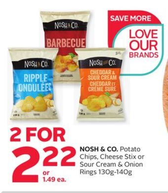 Rexall Nosh & co. potato chips, cheese stix or sour cream & onion rings 130g-140g offer