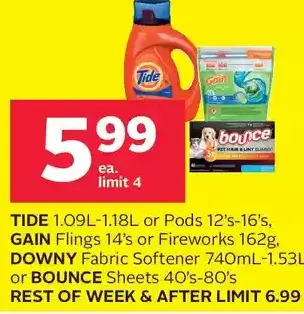 Rexall Tide or pods, gain flings or fireworks, downy fabric softener or bounce sheets offer