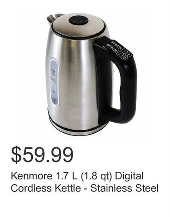 Costco Kenmore 1.7 L (1.8 qt) Digital Cordless Kettle - Stainless Steel offer