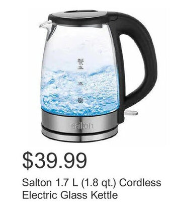 Costco Salton 1.7 L (1.8 qt.) Cordless Electric Glass Kettle offer