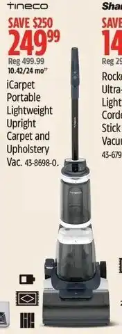 Canadian Tire Tineco iCarpet Portable Lightweight Upright Carpet and Upholstery Vac. 43-8698-0. offer