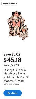Walmart Disney girl's minnie mouse swimsuit&poncho set|18 months-8 years offer