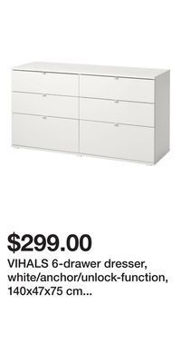 IKEA Vihals 6-drawer dresser, white/anchor/unlock-function, 140x47x75 cm (55 1/8x18 1/2x29 1/2 ) offer