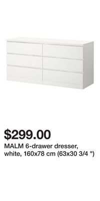 IKEA Malm 6-drawer dresser, white, 160x78 cm (63x30 3/4 ) offer