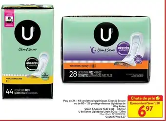 Walmart U by Kotex Clean & Secure Pads 24ct - 48ct or U by Kotex Lightdays Liners 80ct - 129ct Chac./Each, N° 30186202 offer
