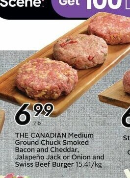 Sobeys THE CANADIAN Medium Ground Chuck Smoked Bacon and Cheddar, Jalapeño Jack or Onion and Swiss Beef Burger offer