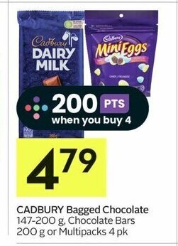 IGA CADBURY Bagged Chocolate 147-200 g, Chocolate Bars 200 g or Multipacks 4 pk offer
