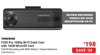 Visions Electronics Thinkware f200 pro 1080p wi-fi dash cam with 16gb microsd card offer