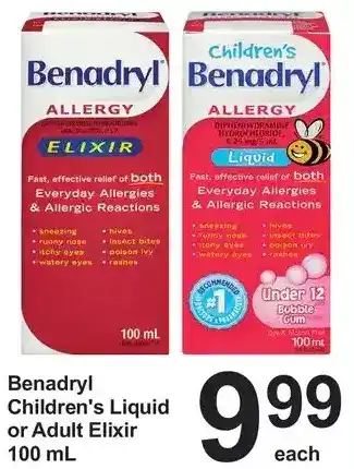 Pharmasave Benadryl children's liquid or adult elixir offer