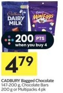 IGA CADBURY Bagged Chocolate 147-200 g. Chocolate Bars 200 g or Multipacks 4 pk offer
