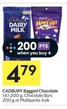 IGA CADBURY Bagged Chocolate 147-200 g. Chocolate Bars 200 g or Multipacks 4 pk offer