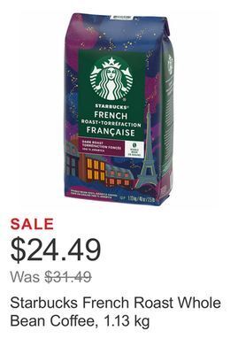 Costco Starbucks french roast whole bean coffee, 1.13 kg offer