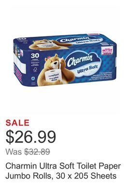 Costco Charmin ultra soft toilet paper jumbo rolls, 30 x 205 sheets offer
