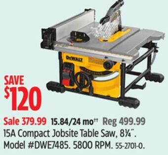 Canadian Tire Dewalt 15a compact jobsite table saw, 8 1⁄4˝ offer