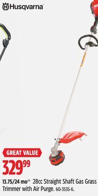 Canadian Tire Husqvarna 28cc straight shaft gas grass trimmer with air purge offer
