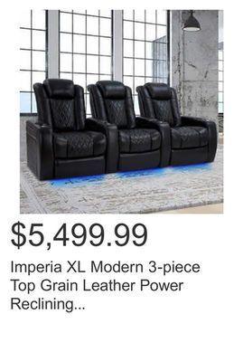 Costco Imperia xl modern 3-piece top grain leather power reclining headrest home theatre seating, black offer