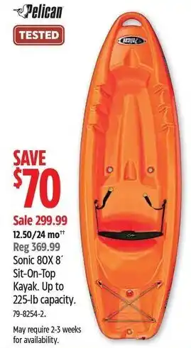 Canadian Tire Pelican Sonic 80X 8' Sit-On-Top Kayak. Up to 225-lb capacity. 79-8254-2 offer