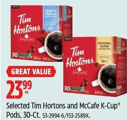 Canadian Tire Selected Tim Hortons and McCafe K-Cup® Pods, 30-Ct. offer