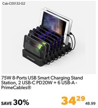 Shopper+ 75w 8-ports usb smart charging stand station, 2 usb-c pd20w + 6 usb-a - primecables® offer
