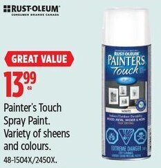Canadian Tire Painter's Touch Spray Paint. Variety of sheens and colours. offer