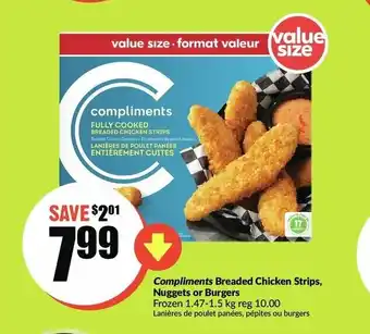FreshCo Compliments Breaded Chicken Strips, Nuggets or Burgers offer