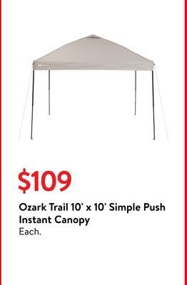 Walmart Ozark trail 10' x 10' simple push instant canopy offer