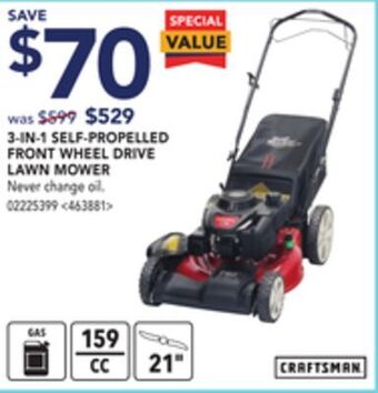Lowe's Craftsman 3-in-1 self propelled front wheel drive lawn mower offer