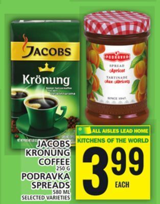 Food Basics Jacobs kronung coffee or podravka spreads offer