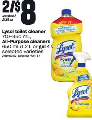Loblaws Lysol toilet cleaner 710-950 ml, all-purpose cleaners 650 ml/1.2 l or gel gel 4's4's offer