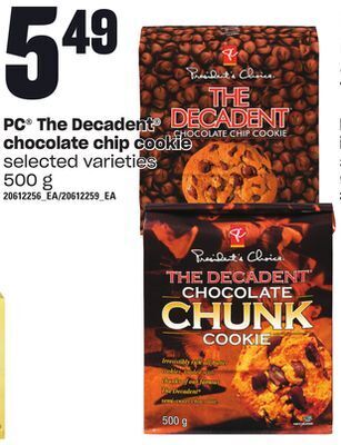 Loblaws Pc the decadent chocolate chip cookie, 500 g offer