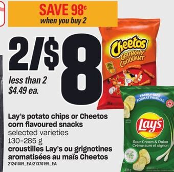 Independent Grocer Lay's potato chips or cheetos corn flavoured snacks, 130-285 g offer
