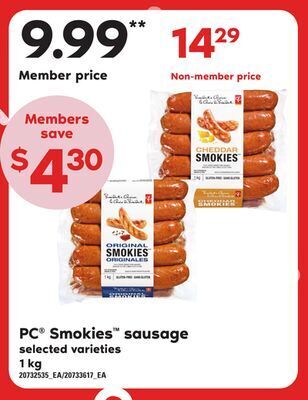 Loblaws Pc smokies sausage, 1 kg offer