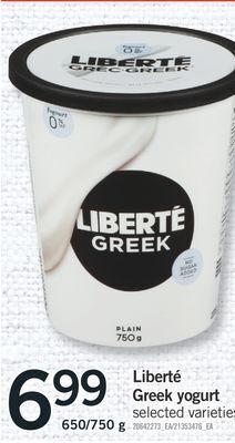 Fortinos Liberté greek yogurt, 650/750 g offer