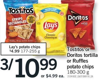 Fortinos Tostitos or doritos tortilla or ruffles potato chips, 180-300 g offer