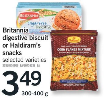 Fortinos Britannia digestive biscuit or haldiram's snacks, 300-400 g offer