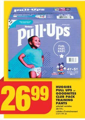 No Frills Huggies pull ups or goodnites club pack training pants, 28-74's offer