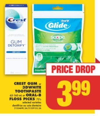 No Frills Crest gum or 3dwhite toothpaste, 63-160 ml or oral-b floss picks 75's offer