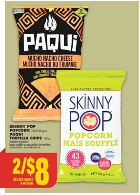 No Frills Skinny pop popcorn, 125/150 g or paqui tortilla chips, 155 g offer