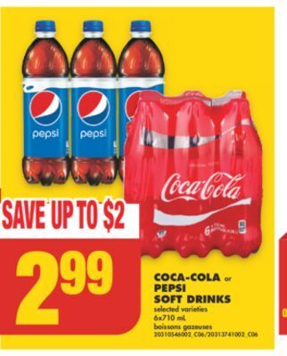 No Frills Coca-cola or pepsi soft drinks, 6x710 ml offer