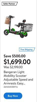 Walmart Bangeran light mobility scooter adjustable speed and armrests easy travel offer