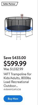 Walmart 14ft trampoline for kids/adults, 800lbs load recreational outdoor trampoline with basketball hoop offer