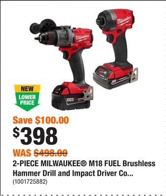 Home Depot 2-piece milwaukee® m18 fuel brushless hammer drill and impact driver combo kit offer