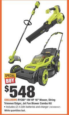 Home Depot Ryobi® 18v hp 16 mower, string trimmer/edger, jet fan blower combo kit offer